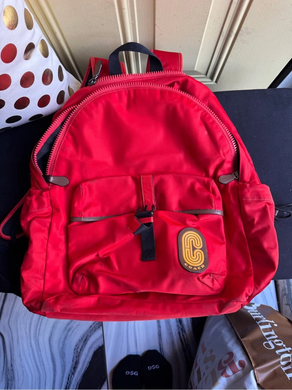 Coach Red Nylon Backpack with Logo Patch